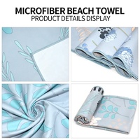 Serviette de plage en microfibre personnalisée bleue à imprimé végétal - Séchage rapide, sans sable, compressée avec sac à dos à cordon de serrage