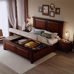 Modern Bedroom Furniture Sets MahoganyVeneer Solid Wood Frame <b>Storage</b> Platform <b>Bed</b> King Size With 2 Side Drawers 6802 <b>Bed</b> Frame - Product Image 3