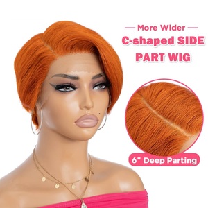 Peluca de <span class=keywords><strong>Cabello</strong></span> Humano Remy Chino Naranja Jengibre para Mujer, Corta <span class=keywords><strong>con</strong></span> Parte Lateral y Encaje HD - Product Image 2