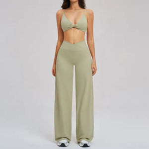 Custom Sustainable Recyclable High Stretchy Twist Front Halter Sports Bra Wide Leg Yoga Pants <b>V</b> Shape <b>Waist</b> Workout <b>Leggings</b> Set - Product Image 2