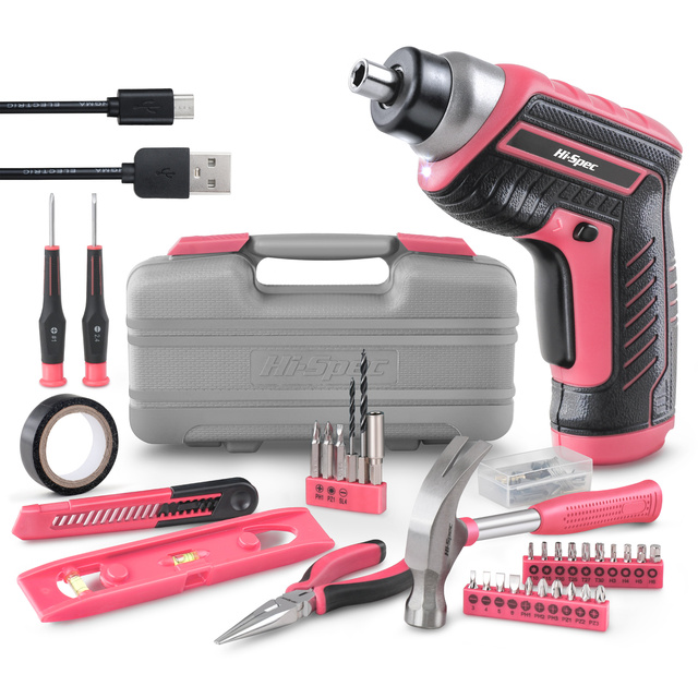 35pc DIY Pink Home Tool Kit 3.6V USB Electric Cordless Power Screwdriver OEM ODM Ready Hand Tool Box Set for Women