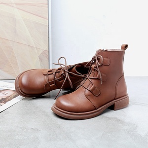 Botas de Mujer para Otoño/Invierno, Estilo Retro Británico, de Cuero Vacuno Genuino, Cómodas, Transpirables, con Cordones y Cierre, Punta Redonda, para Primavera - Product Image 3