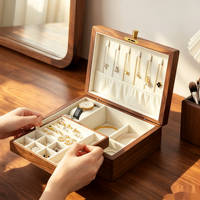 Boîtes de rangement pour bijoux en bois simples, personnalisables, avec fermeture magnétique et fermoir à pompon, version large rectangulaire, fabriquées en Chine