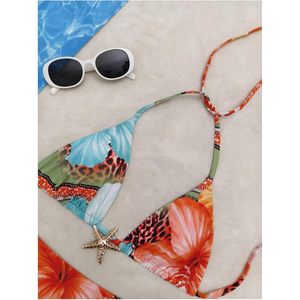 Conjunto de Bikini de 2 Piezas con Estampado Floral de Leopardo para Mujer, Marca FOXA, Top Triangular con Tiras y Detalle Metálico de Estrella de Mar - Product Image 3