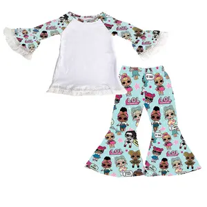 new custom design girls bell bottom outfit lol doll printed baby kids clothing set boutique ruffle children clothes set