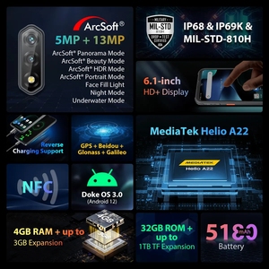 Téléphone robuste 4G <span class=keywords><strong>Blackview</strong></span> <span class=keywords><strong>BV5200</strong></span>, 4 Go de RAM, 32 Go de stockage, smartphone étanche, appareil photo ArcSoft - Product Image 4