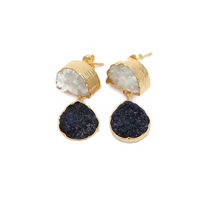 Stylish Yellow & Red Agate Druzy Gemstone Set Gold Plated D Shaped Dangle Drop Handmade Fashion <b>Stud</b> <b>Earrings</b> - Product Image 6