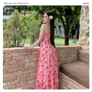 เดรสยาวลำลองผู้หญิง ODM สีชมพูลายดอกไม้ ผ้าชีฟอง คอ halter ทรงเอไลน์ ระบายชั้นๆ ทรงหลวมใส่สบายสำหรับฤดูร้อน พิมพ์ลายดอกไม้ 3 มิติ - Product Image 3