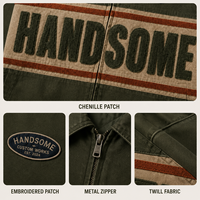 Veste pour homme en sergé à col pointu, entièrement zippée, avec patch en chenille et bande contrastante sur la poitrine, style décontracté ou de travail, marque privée