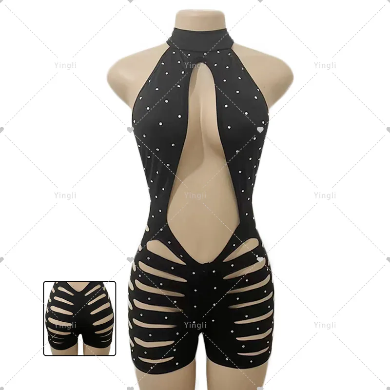 Yingliエキゾチックダンスウェアレイブ衣装卸売ストリッパーウェアフィッシュネットビキニブラック衣装レイブウェア