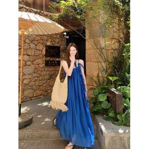 Vestido Largo de Verano para Mujer, Estilo Francés, Cuello Mandarín, Estampado con Personajes, Tejido, Corte en A, Hombros Descubiertos, Poliéster/Algodón, Transpirable, Color Azul - Product Image 2