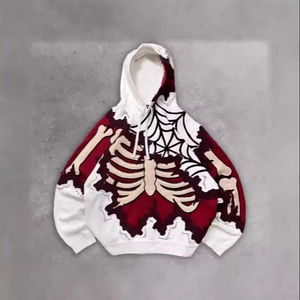 <span class=keywords><strong>Felpa</strong></span> <span class=keywords><strong>con</strong></span> Cappuccio Unisex Bianca e Bordeaux <span class=keywords><strong>con</strong></span> Grafica <span class=keywords><strong>Scheletro</strong></span> e Ragnatela, Manica Lunga Stile Gotico Streetwear - Product Image 1