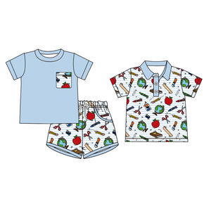 Custom Back <b>School</b> Apple <b>Pencil</b> Print 95% Cotton Casual Baby Boy Shorts & <b>for</b> Shirt Set Worsted Fabric Spring Autumn - Product Image 4