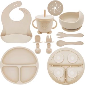 2025 Hot Bán Silicone bé đặt bữa ăn tối Toddler Bộ đồ ăn đồ dùng dao kéo tấm BIB Bát cup muỗng ngã ba - Product Image 1