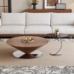 Set di Tavolini da Caffè Rotondi in Legno Color Noce dal Design Moderno, Arredamento di Lusso per Soggiorno con Base in Metallo - Product Image 2