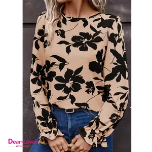 Dear-Lover Khaki Floral Flounce Puff Sleeves Hollowed Knot Back Chiffon Ladies Shirts Formal Office Blouse For Women