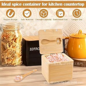 Bamboo <b>Spice</b> Storage Box With Spoon Flip Top Lid Airtight Solid Seasoning <b>Jar</b> For Salt Pepper Condiments - Product Image 4