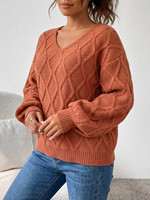 Pull en tricot torsadé à col en V et manches longues pour femme, style vintage, coupe ample, manches lanternes, idéal pour un look décontracté au quotidien