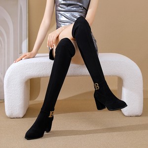 Avrupa ve amerikan tarzı kadın uzun çizme milleri ve süet kalın topuklu elastik kumaş moda çizmeler çeşitli stilleri - Product Image 5