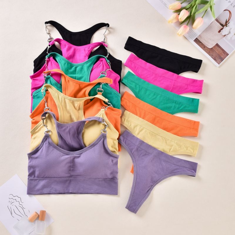 Wholesale Women Bra Panties Sets Adjustable Straps Bra Solid Panties Sets Comfort Soft Bra Intimates Lady Thong Breathable Set