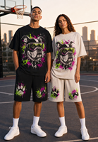 Ensemble streetwear deux pièces pour homme : T-shirt en coton mélangé tricoté à motif punk bouledogue, séchage rapide, 220g, et short à cordon de serrage