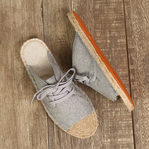 Sandales plates transfrontalières à bout ouvert, cousues à la main en paille, absorbantes et respirantes, avec semelle en caoutchouc, pantoufles d'automne en tissu - Product Image 4