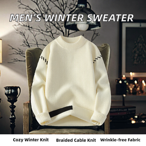 Suéter de Punto para Hombre, Cuello Redondo, Manga Larga, Antiarrugas, Diseño Trenzado, Color Sólido, Poliéster/Algodón, para Invierno - Product Image 2