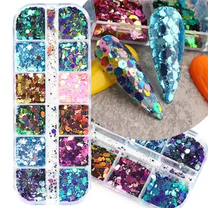 12 Grids Nail Art Pigment Powders Sequins Holographic Glitter Japanese Korea Irregular Palettes Flakes Chrome Dust Decorations