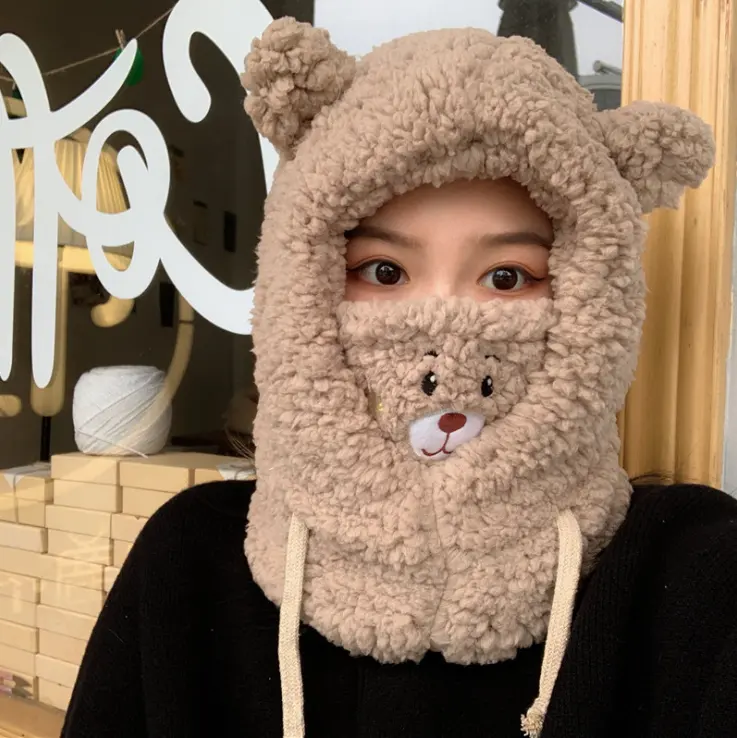 Korean Style Women Winter Scarf Hat Mask Set Thick Warm Windproof Ear Protection One-piece Cute Bear Hat