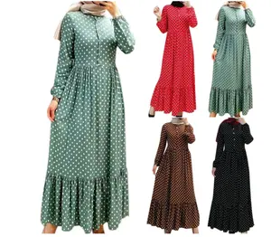 H & D جديد نمط جديد النساء المسلمات فستان بكم طويل شعبية البولكا نقطة تكدرت مطوي عالية الخصر فستان كاجوال للصيف