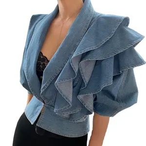 2021 del nuovo V-Collo a maniche lunghe di colore solido del denim cuciture Volant casuale delle donne breve denim giacca camicia