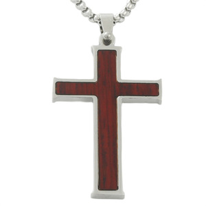 yunnique Men's Stainless Steel <b>Cross</b> Pendant With Wood Inlay Geometric Necklace 120152 - Product Image 1