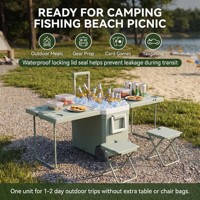 Table pliante 3-en-1 OEM avec glacière rigide, tabouret, surface de 32L et 105,5 cm, poignée à roulettes, portable pour camping et plage
