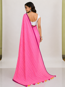 Sari de Algodón Mul Rosa Premium para Mujer con Elegante Patrón de Tejido a Rayas, Tela de Algodón Suave y Transpirable, y Diseño Clásico - Product Image 3