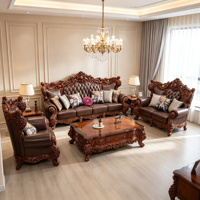 Europäisches Barock-Ledersofa-Set 3-Sitzer 2-Sitzer Sessel Geschnitzter Massivholzrahmen Gesteppt Braun Wohnzimmermöbel