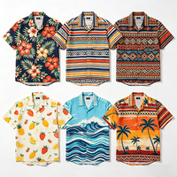 Chemise hawaïenne personnalisée en tissu mélange soie glacée, imprimé intégral feuilles d'hibiscus et palmiers, col camp, manches courtes, logo personnalisé sur mesure