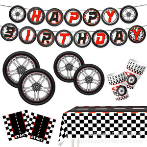 Articles de fête sur le thème de la course automobile, décorations d'anniversaire, vaisselle, accessoires roues, bannière, nappe, ensemble jetable pour enfants de 5 à 7 ans - Product Image 2