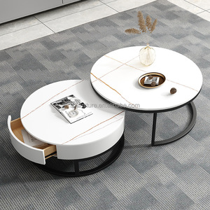 Minimalist Nesting Coffee <b>Tables</b> Marble Stone Look Top Black Frame Hotel Lobby Round Center <b>Table</b> <b>Side</b> <b>Table</b> with Drawer <b>Storage</b> - Product Image 2