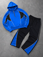 Ensemble de survêtement pour homme, bleu et noir, à blocs de couleur, avec capuche et demi-zip, avec passepoil blanc, tenue décontractée sportive en deux pièces