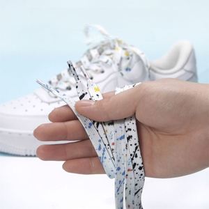 Cross-Border Splash-Ink Printed Polyester Shoelaces 8mm Flat for Sneakers <b>White</b> One Pair - Product Image 3