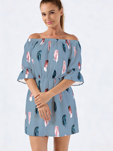 Vestido de hombros descubiertos con estampado de plumas azules de talla grande para mujer - Vestido mini de gasa con cintura elástica para ocasiones informales, vacaciones y fiestas - Product Image 6