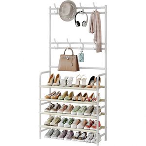 5-Tier Modern White Stainless Steel Multifunction Coat <b>Shoe</b> Rack Detachable Dustproof Cover Hooks Clothing Bag Living Room - Product Image 1