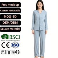 Ensemble de pyjama bleu à manches longues boutonné pour femme, col en V, avec poches, vêtements de nuit doux et amples, pantalon de détente, tenue d'intérieur, ensemble de nuit deux pièces