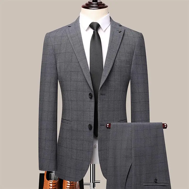 Wholesale Custom Men's Slim Fit Wedding Suits For Men classic Formal Business Grey Plaid men's clothing