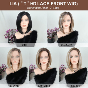 Julianna Kanekalon corta riccia <span class=keywords><strong>Lia</strong></span> a strati Highlight biondo liscio Pixie taglio capelli sintetici bob parrucca anteriore in pizzo da donna - Product Image 6