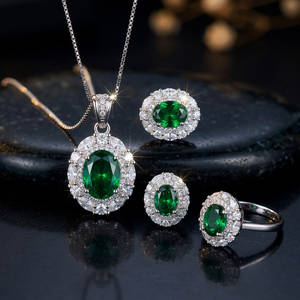 Nouvel ensemble de bijoux pour femme en acier inoxydable plaqué cuivre et platine, avec collier, boucles d'oreilles et bague, motif coquille ovale, vert, pour anniversaire et fête, idéal pour offrir - Product Image 1