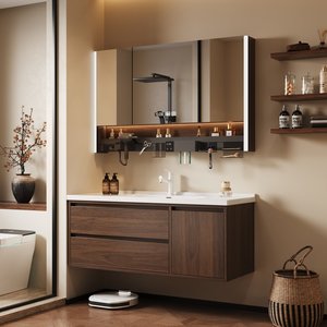 Luxury Walnut <b>Wood</b> Bathroom Vanity Set With 100cm Led Mirror Wall Mounted <b>Floating</b> Cabinet With Open <b>Shelf</b> - Product Image 2