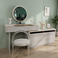 Table de maquillage moderne en bois massif gris écologique et durable avec miroir sur pied et tiroirs de rangement personnalisables pour chambre à coucher