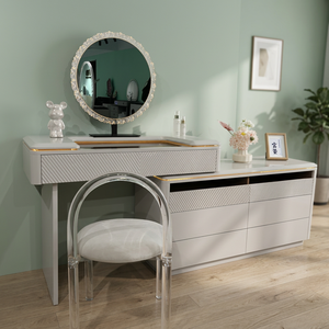 Modern Gray Makeup <b>Vanity</b> <b>Table</b> with Lighted Round <b>Mirror</b> Storage Drawers for Bedroom Furniture - Product Image 3
