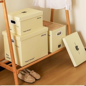 Boîte de rangement en papier épais, organisateur de vêtements rectangulaire avec couvercle pour usage domestique, gris clair, gris foncé, couleur unie - Product Image 3